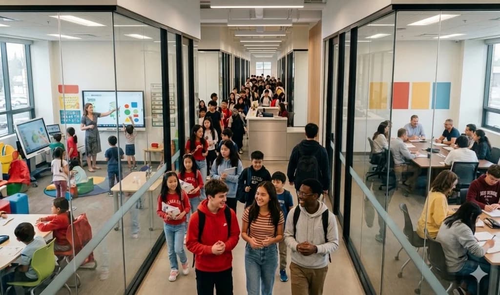 어학원 복도와 유리로 구획된 강의실, 학습자가 이동하는 밝은 실내