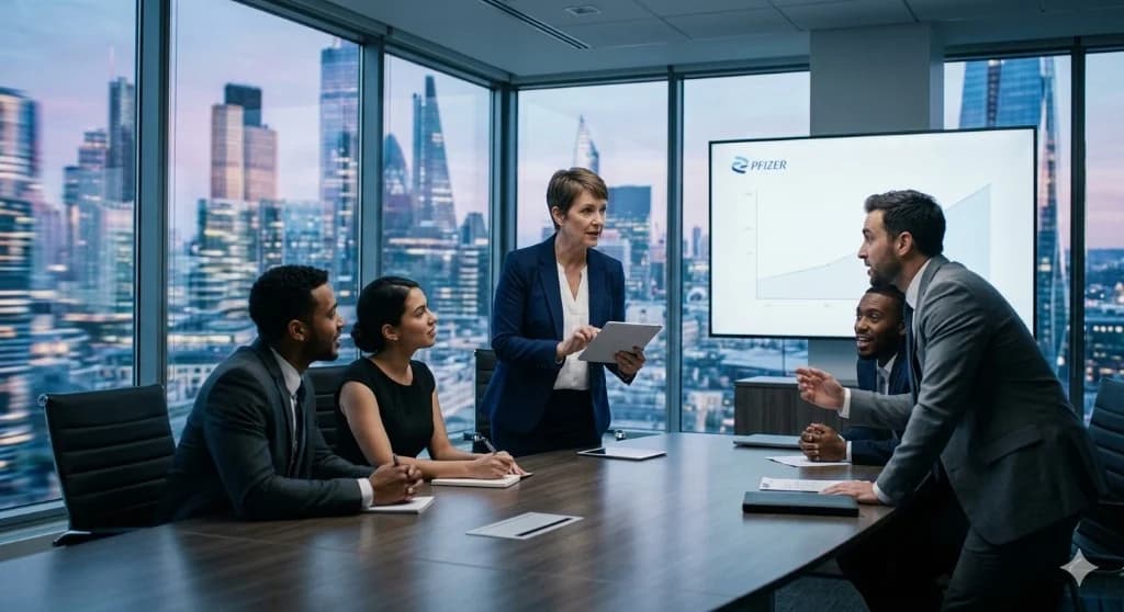 고층 오피스 회의실에서 제약·비즈니스 주제로 진행한 기업 연수(화이자 로고가 보이는 프레젠테이션)