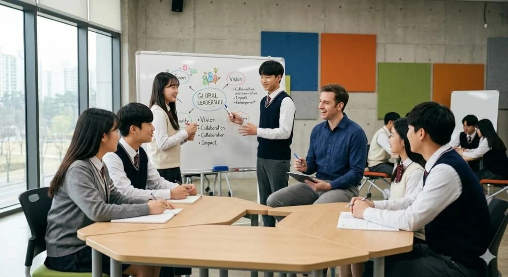 학습자가 화이트보드 앞에서 발표하고 원어민 강사·동료가 함께하는 교실