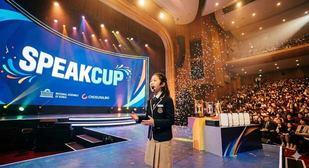 SPEAKCUP 대회에서 무대에서 발표하는 학생과 대형 LED 스크린, 관객석